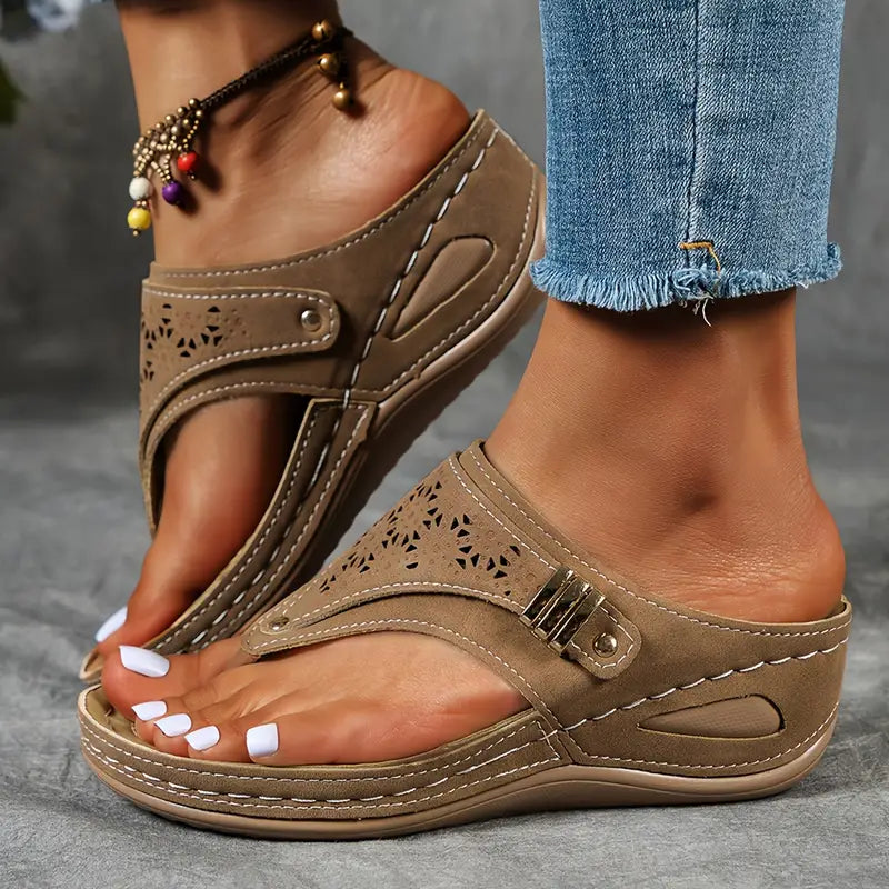 Women’s Thong Style Platform Sandals with Laser Cut Pattern and Side Buckle