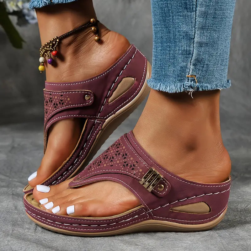 Women’s Thong Style Platform Sandals with Laser Cut Pattern and Side Buckle