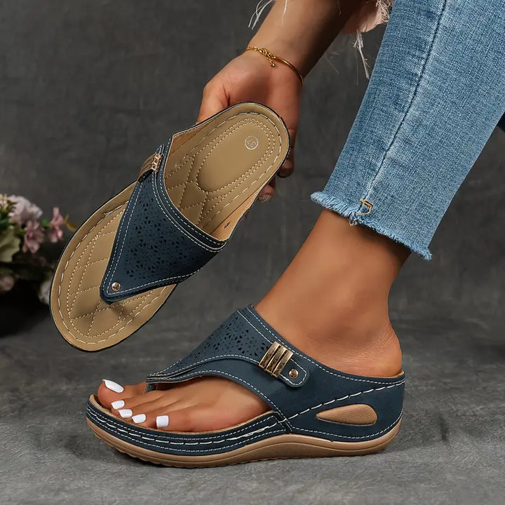 Women’s Thong Style Platform Sandals with Laser Cut Pattern and Side Buckle