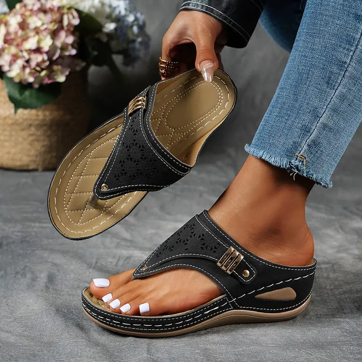 Women’s Thong Style Platform Sandals with Laser Cut Pattern and Side Buckle