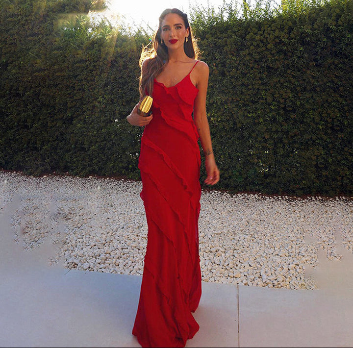 Women’s Tiered Ruffle Maxi Dress with Spaghetti Straps and Side Slit