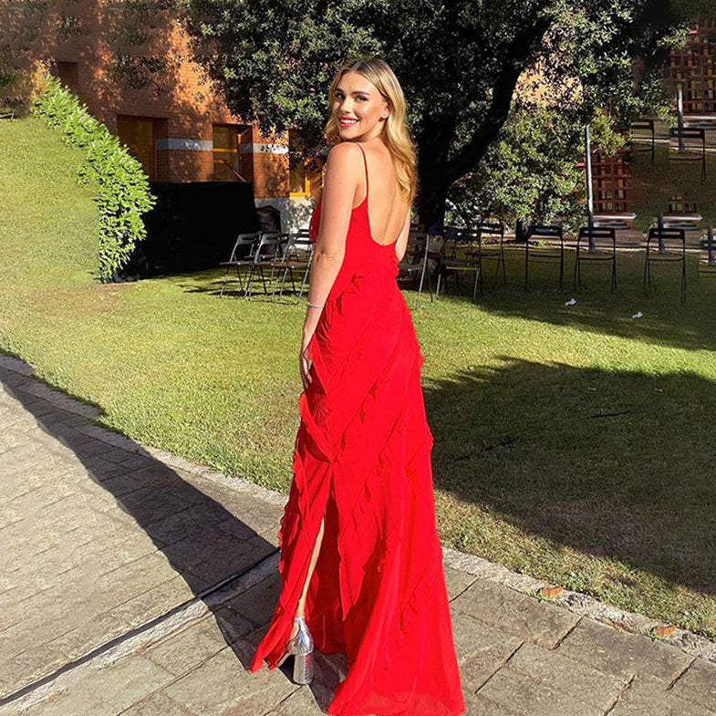 Women’s Tiered Ruffle Maxi Dress with Spaghetti Straps and Side Slit