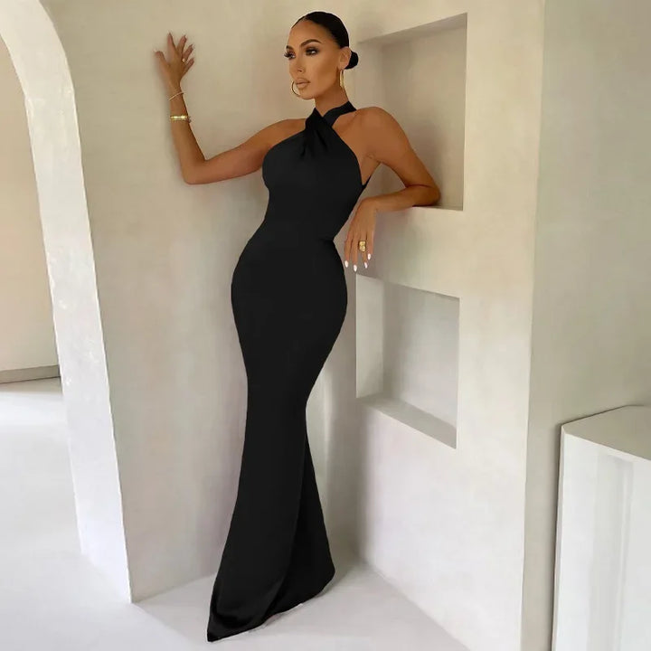 Women's Twist Neck Wedding Guest Dress with Halter Top and Floor Length Skirt