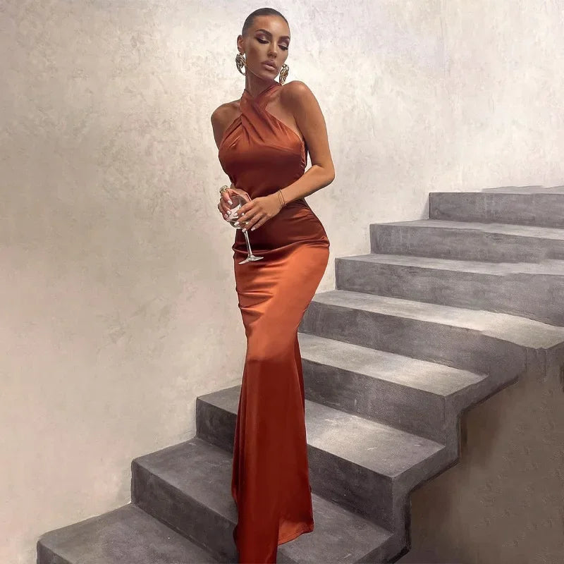 Women's Twist Neck Wedding Guest Dress with Halter Top and Floor Length Skirt