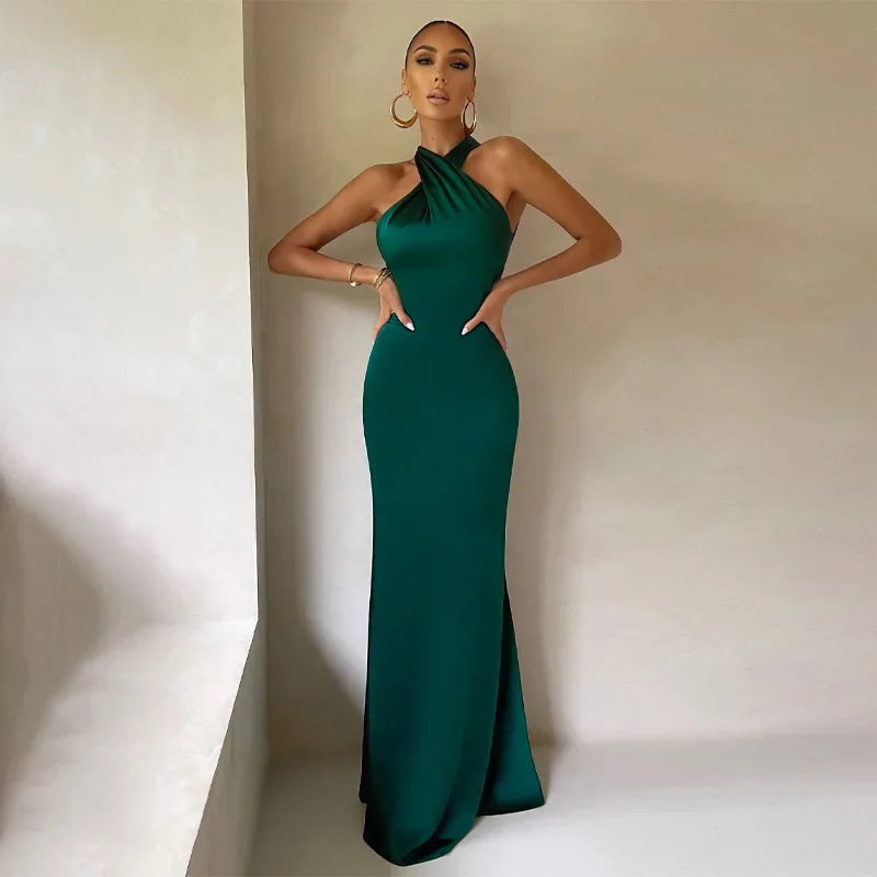 Women's Twist Neck Wedding Guest Dress with Halter Top and Floor Length Skirt