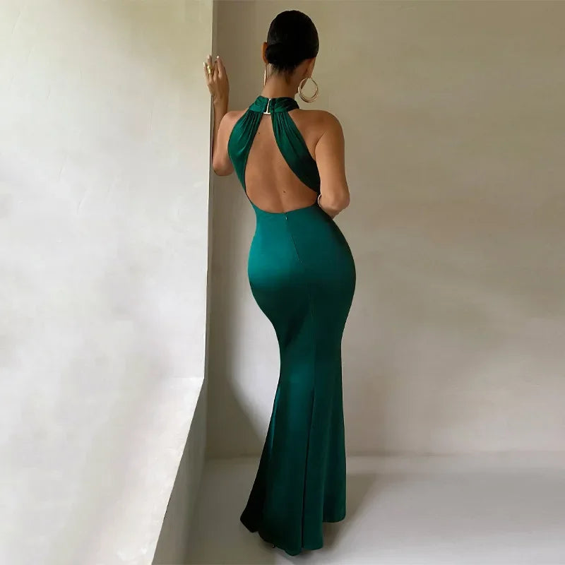 Women's Twist Neck Wedding Guest Dress with Halter Top and Floor Length Skirt