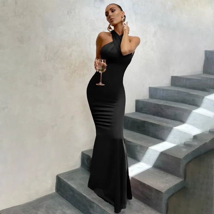 Women's Twist Neck Wedding Guest Dress with Halter Top and Floor Length Skirt