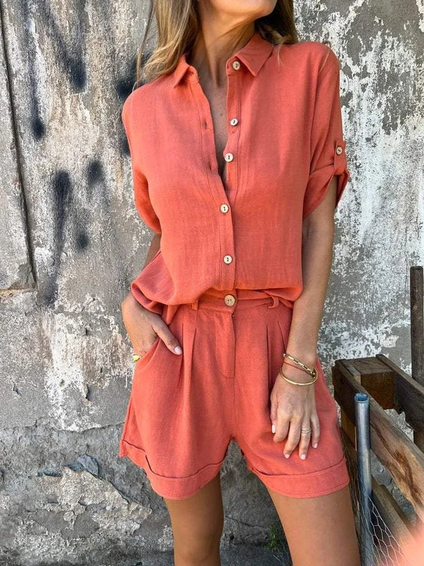 Women’s Two-Piece Set with Button-Front Shirt and Elastic Waist Shorts