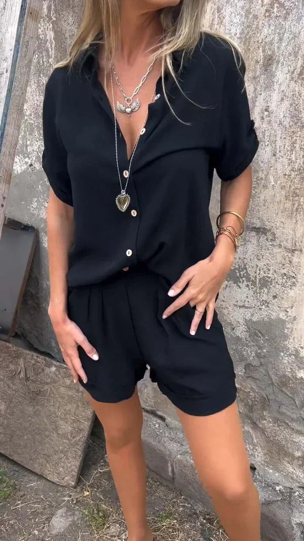 Women’s Two-Piece Set with Button-Front Shirt and Elastic Waist Shorts