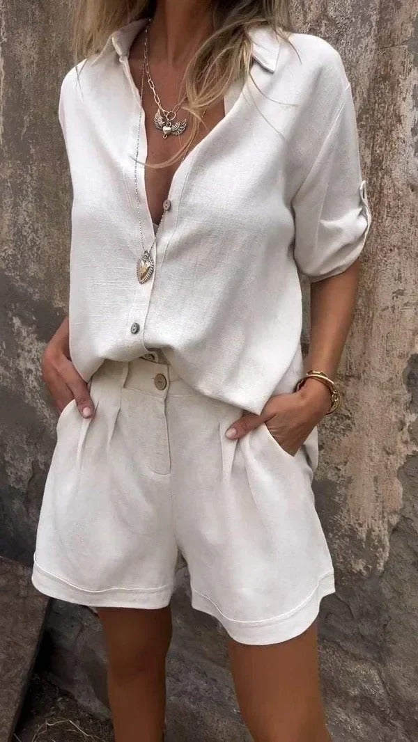 Women’s Two-Piece Set with Button-Front Shirt and Elastic Waist Shorts