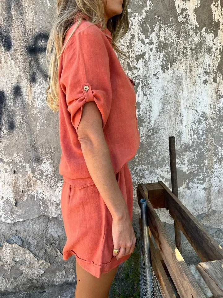 Women’s Two-Piece Set with Button-Front Shirt and Elastic Waist Shorts