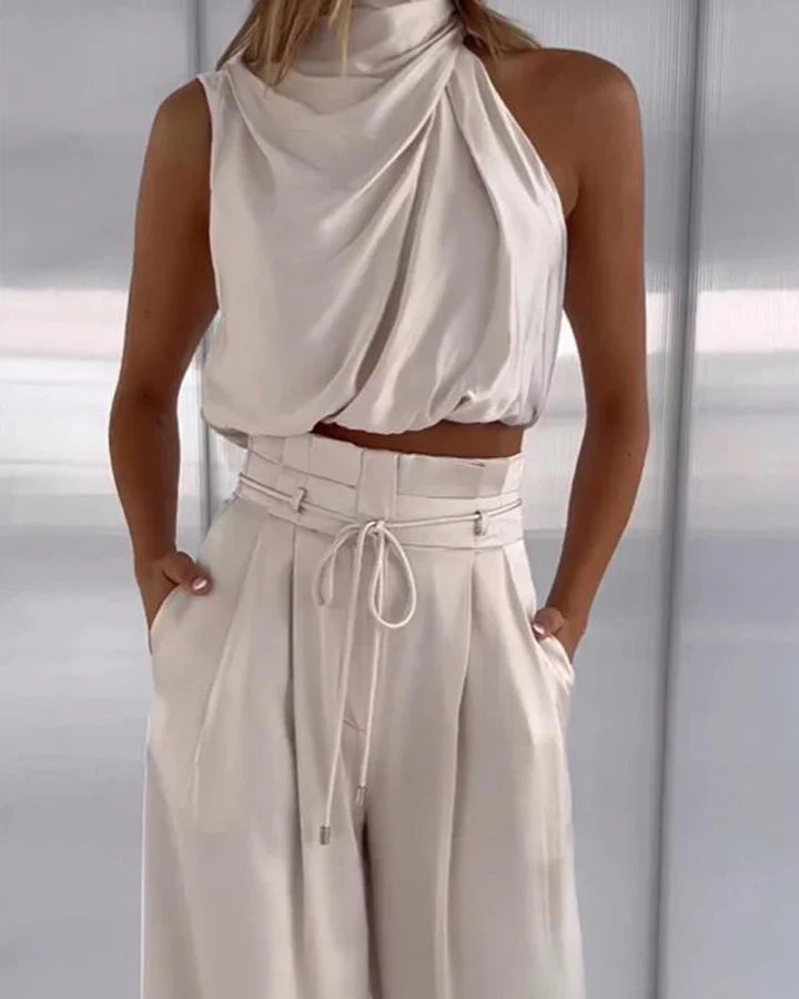 Women’s Two-Piece Set with Draped Halter Top and High Waist Pants