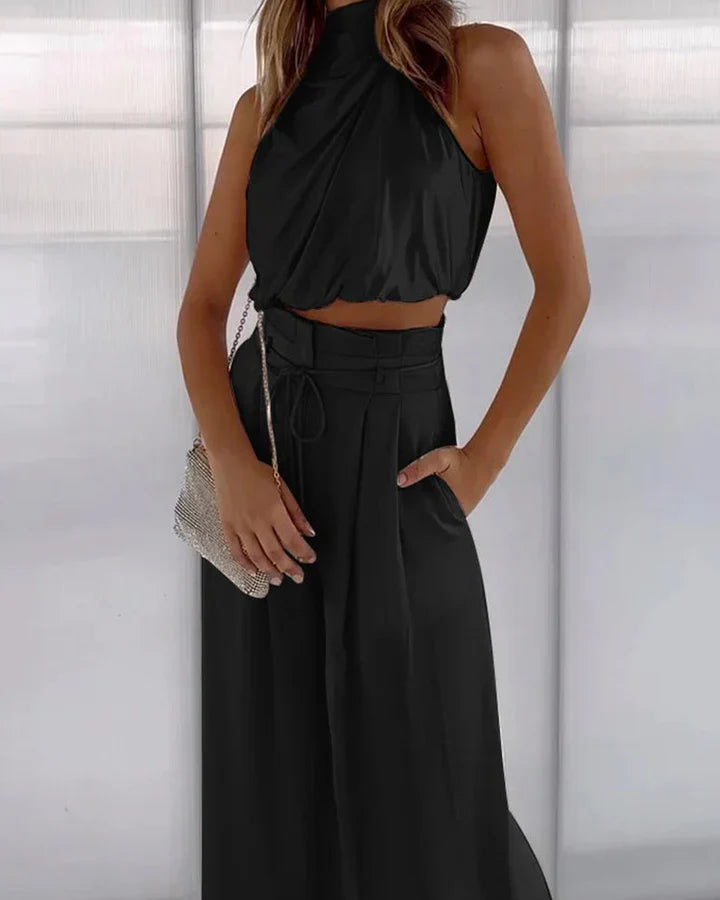 Women’s Two-Piece Set with Draped Halter Top and High Waist Pants