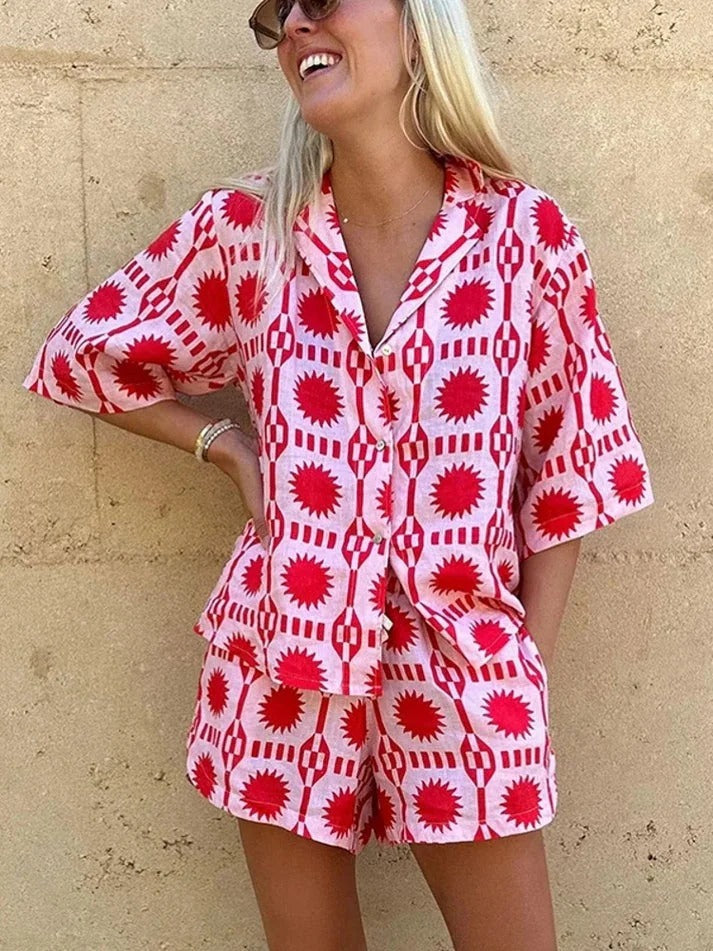 Women’s Two-Piece Set with Geo Print Shirt and Drawstring Shorts