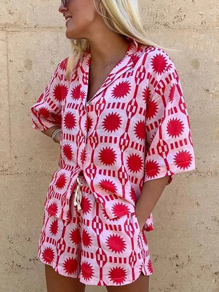 Women’s Two-Piece Set with Geo Print Shirt and Drawstring Shorts