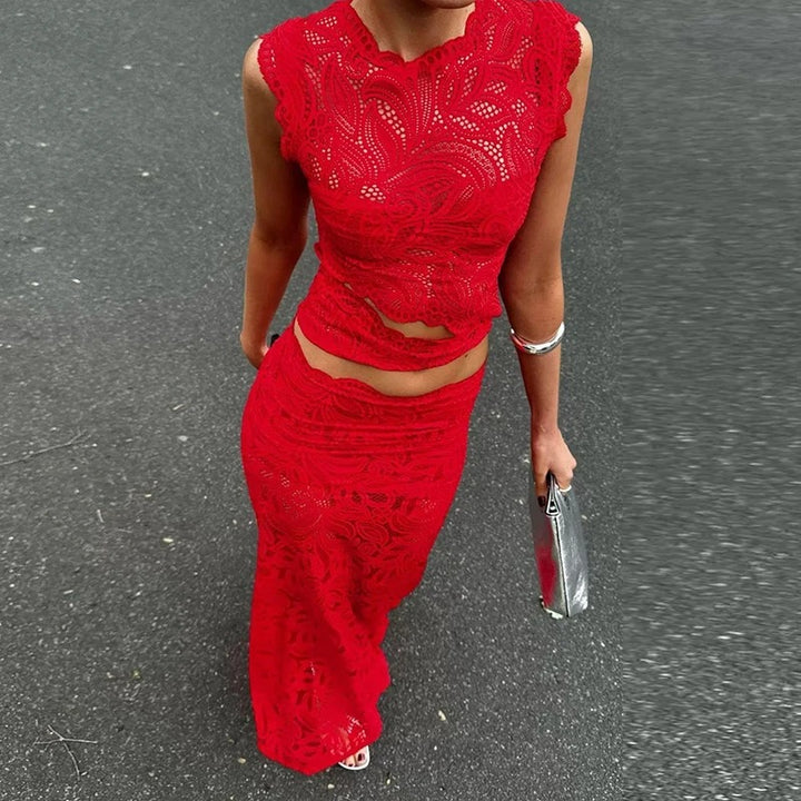 Women’s Two-Piece Set with Lace Crop Top and Maxi Skirt