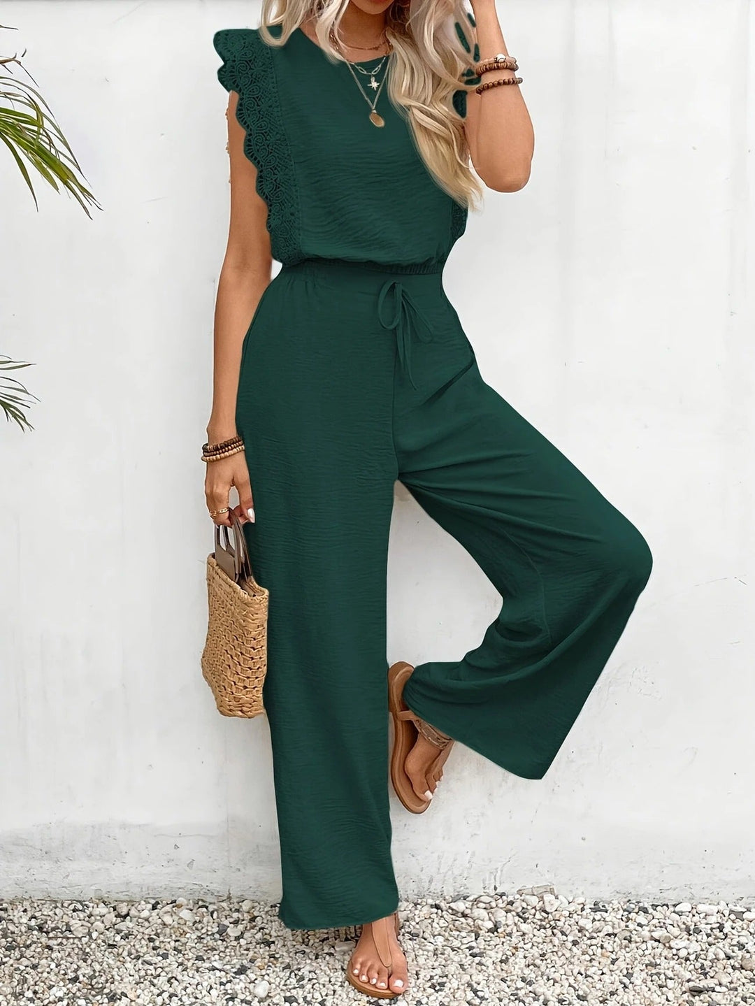 Women’s Two-Piece Set with Lace-Trim Cap-Sleeve Top and Wide-Leg Pants