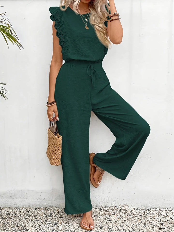 Women’s Two-Piece Set with Lace-Trim Cap-Sleeve Top and Wide-Leg Pants
