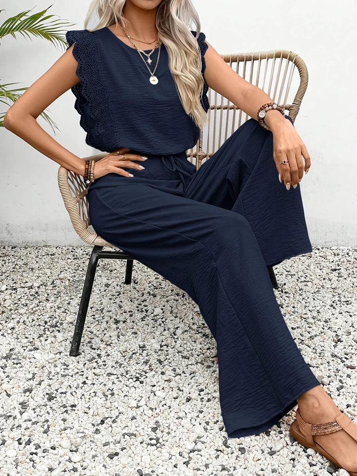 Women’s Two-Piece Set with Lace-Trim Cap-Sleeve Top and Wide-Leg Pants