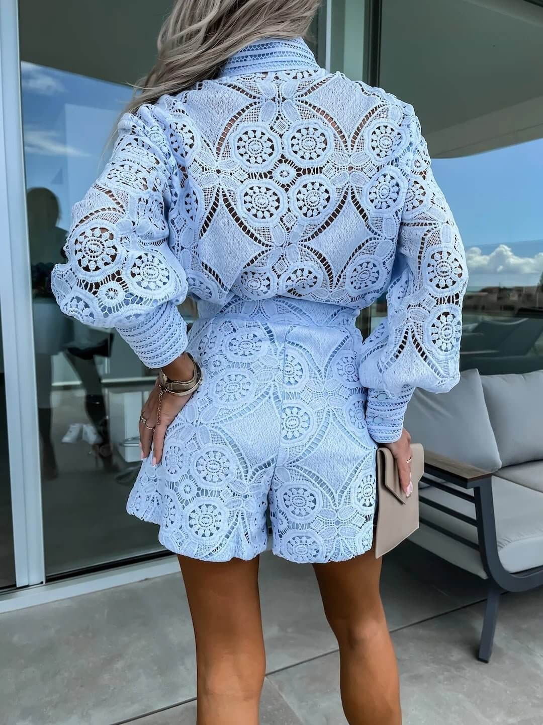 Women’s Two-Piece Set with Patterned Lace Top and Shorts