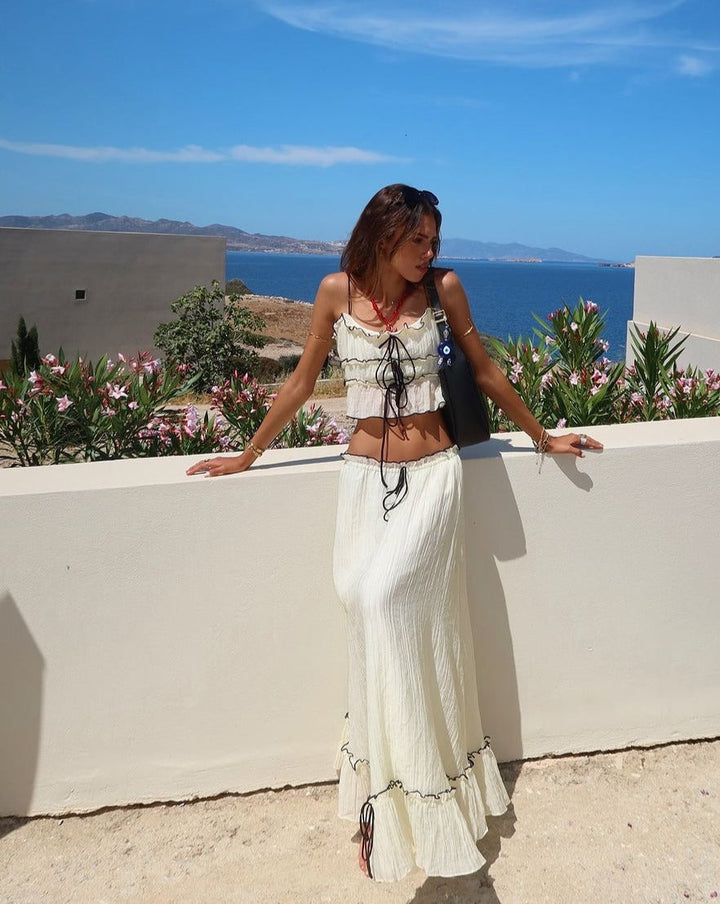 Women’s Two-Piece Set with Ruffled Lace-Up Top and Maxi Skirt