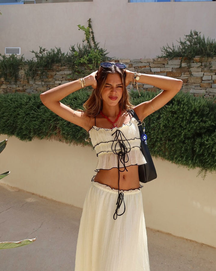 Women’s Two-Piece Set with Ruffled Lace-Up Top and Maxi Skirt