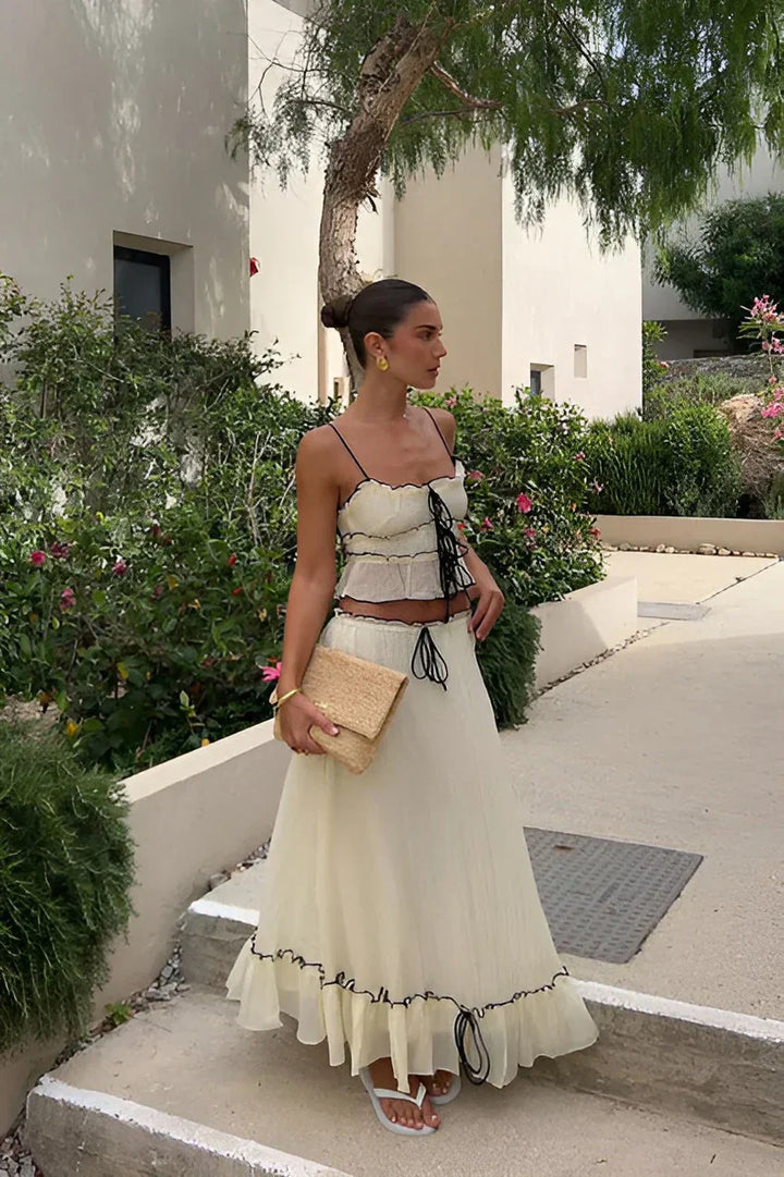 Women’s Two-Piece Set with Ruffled Lace-Up Top and Maxi Skirt