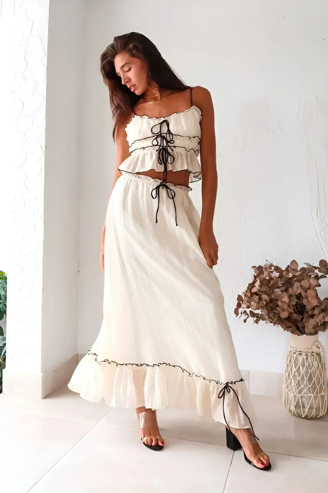 Women’s Two-Piece Set with Ruffled Lace-Up Top and Maxi Skirt