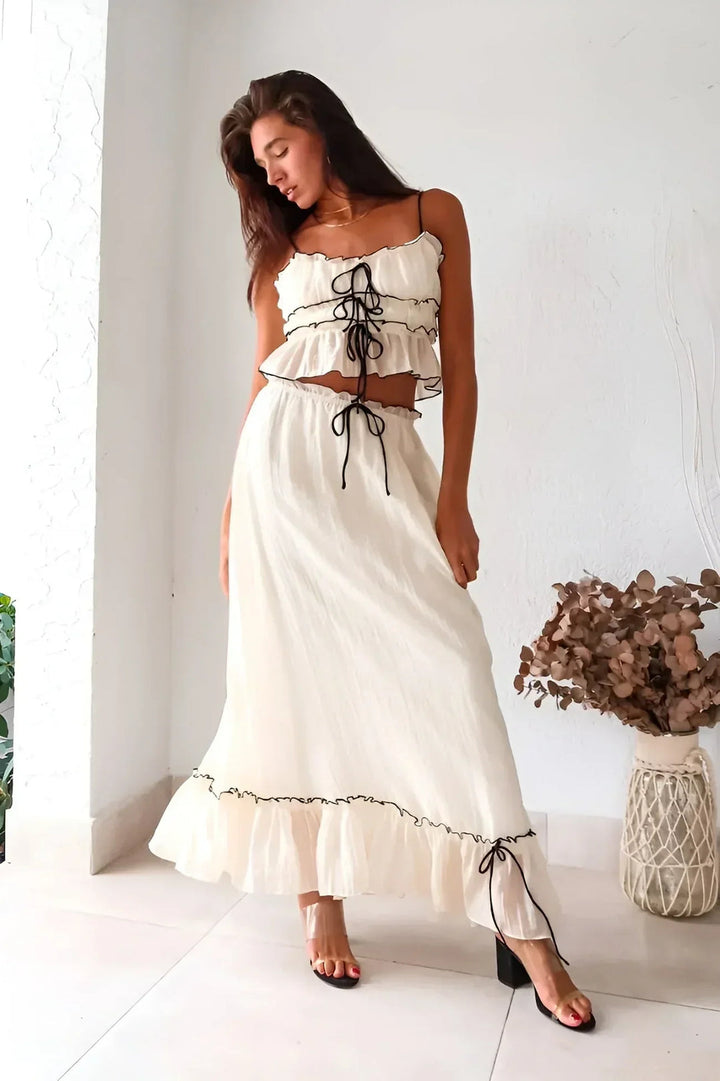 Women’s Two-Piece Set with Ruffled Lace-Up Top and Maxi Skirt