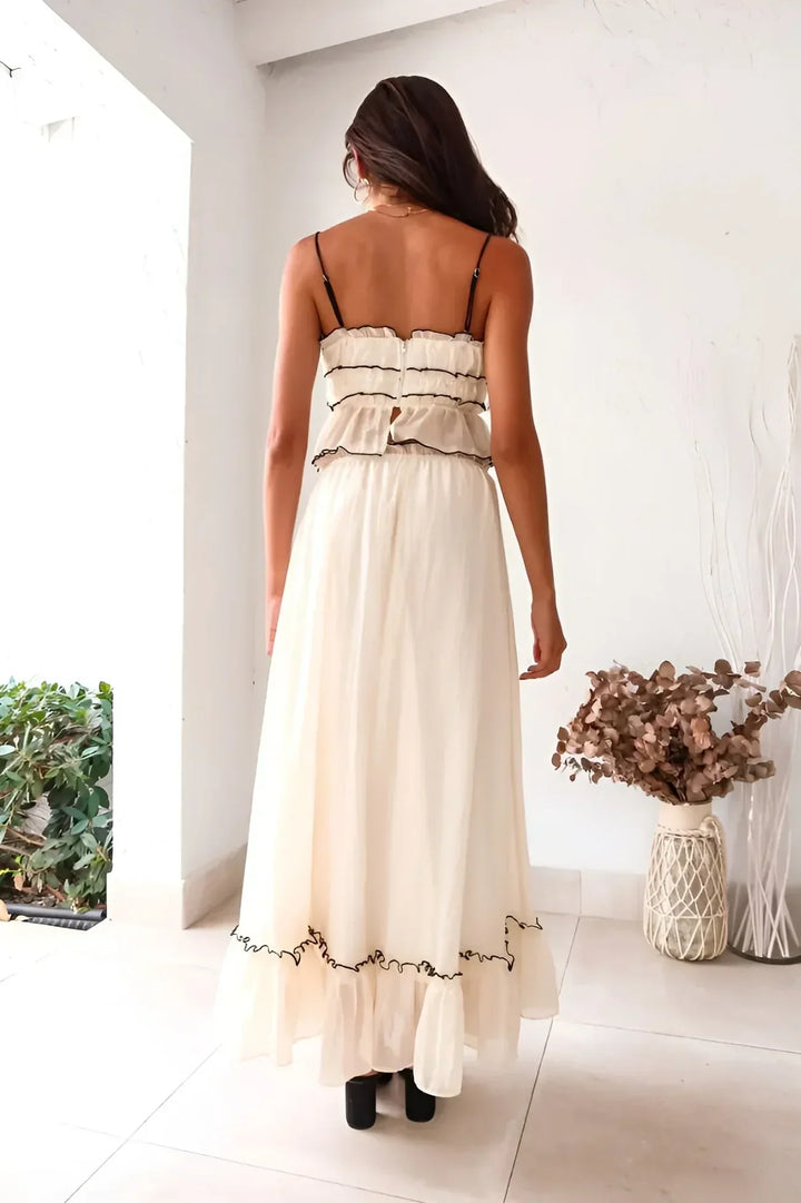 Women’s Two-Piece Set with Ruffled Lace-Up Top and Maxi Skirt