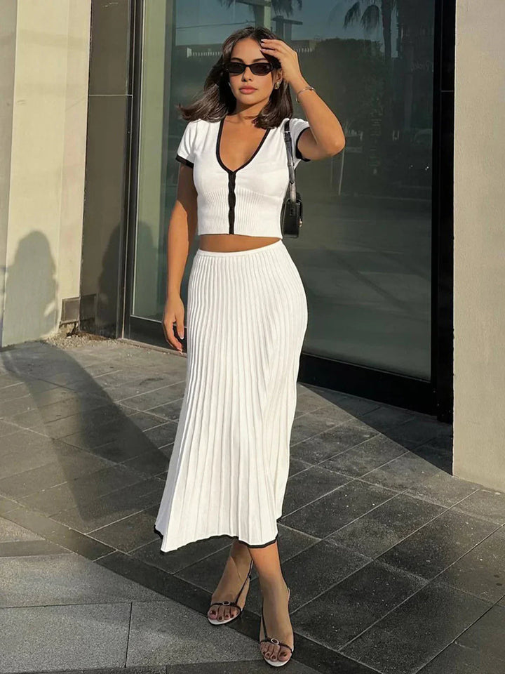 Women’s Two-Piece Set with V-Neck Crop Top and Pleated Midi Skirt