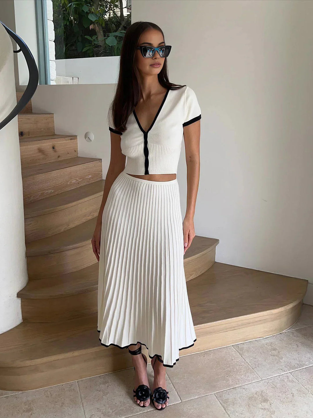 Women’s Two-Piece Set with V-Neck Crop Top and Pleated Midi Skirt