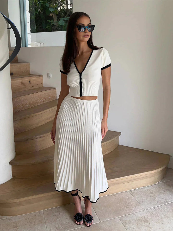 Women’s Two-Piece Set with V-Neck Crop Top and Pleated Midi Skirt