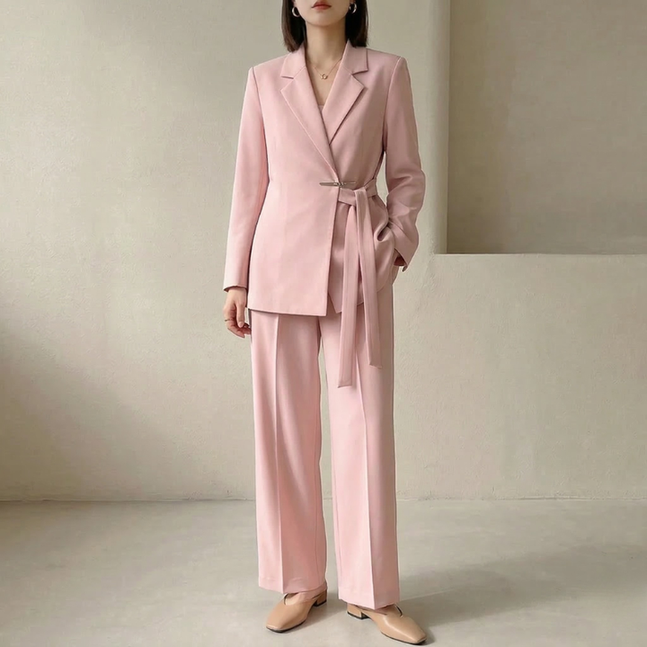 Women’s Two-Piece Suit with Notch Lapel Tie-Waist Blazer and Straight-Leg Pants