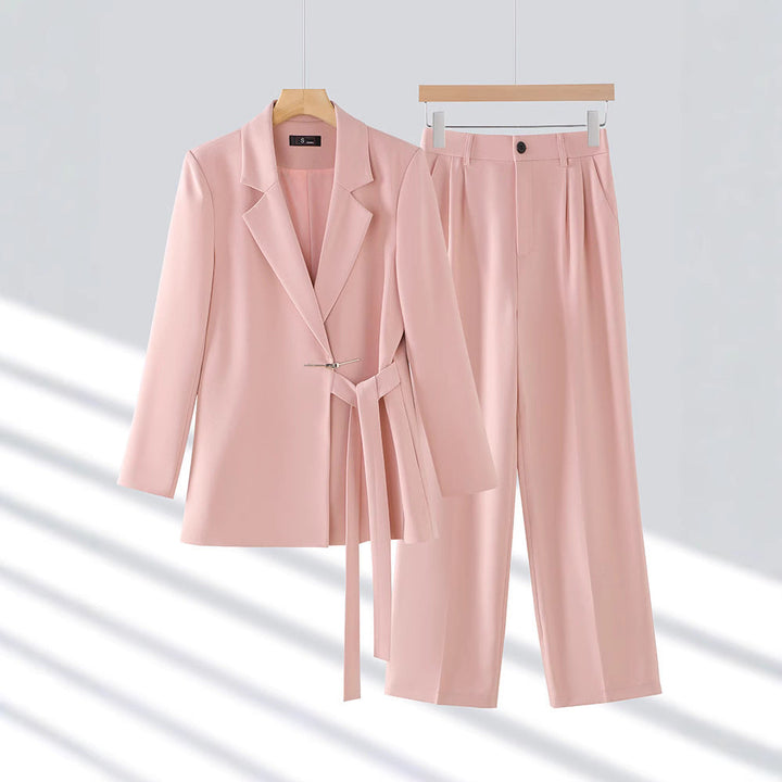 Women’s Two-Piece Suit with Notch Lapel Tie-Waist Blazer and Straight-Leg Pants