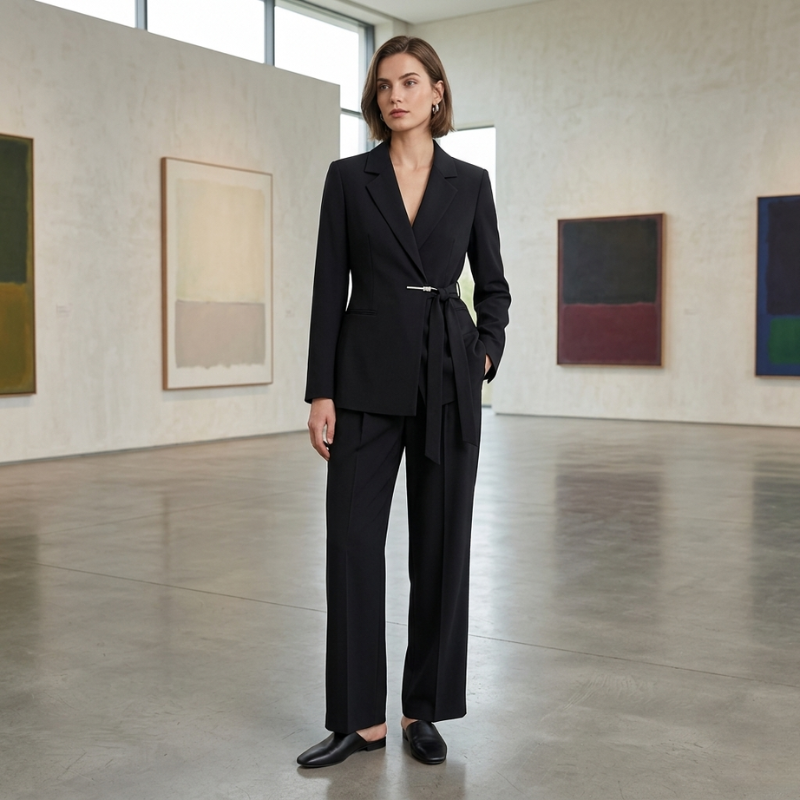 Women’s Two-Piece Suit with Notch Lapel Tie-Waist Blazer and Straight-Leg Pants