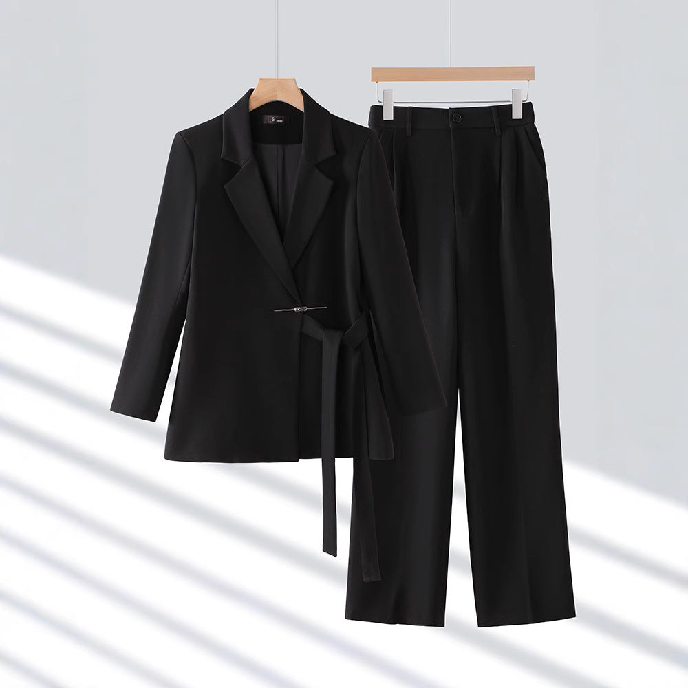 Women’s Two-Piece Suit with Notch Lapel Tie-Waist Blazer and Straight-Leg Pants