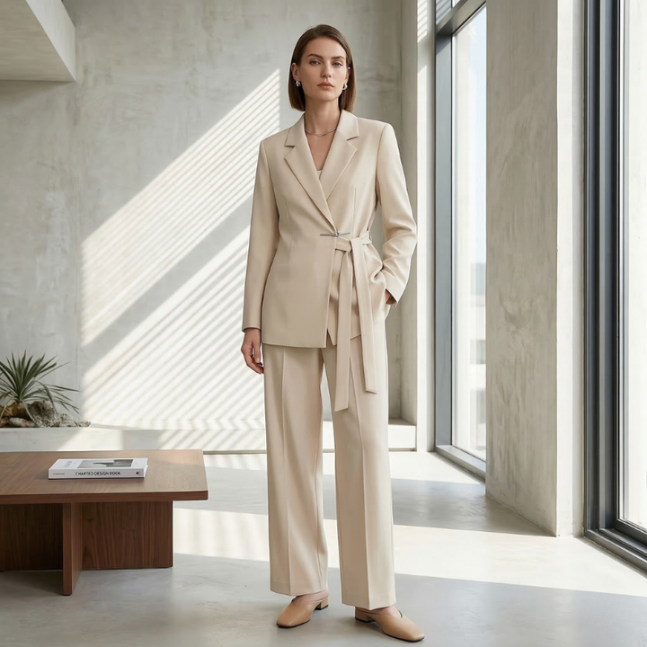 Women’s Two-Piece Suit with Notch Lapel Tie-Waist Blazer and Straight-Leg Pants