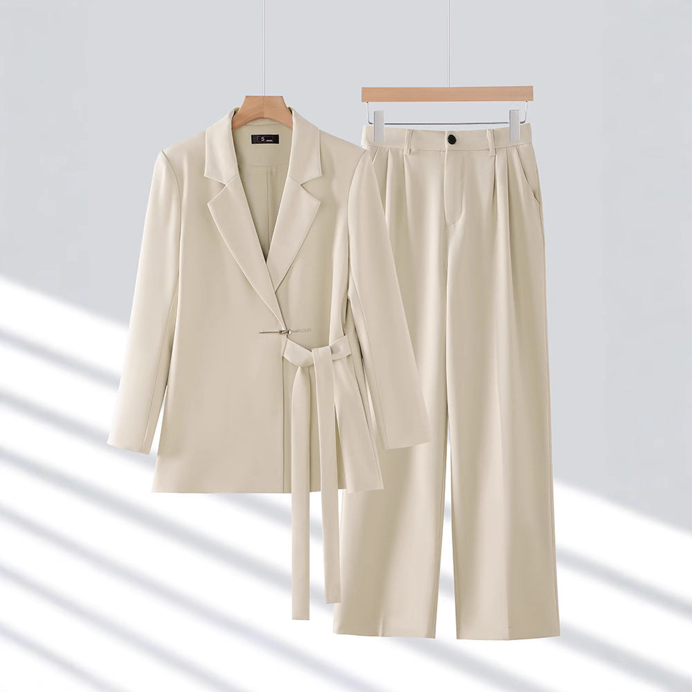 Women’s Two-Piece Suit with Notch Lapel Tie-Waist Blazer and Straight-Leg Pants
