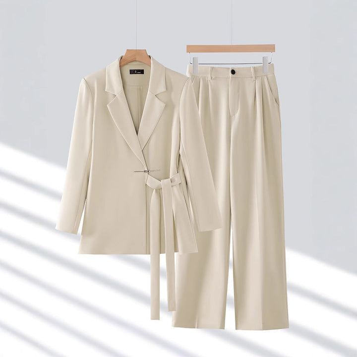 Women’s Two-Piece Suit with Notch Lapel Tie-Waist Blazer and Straight-Leg Pants