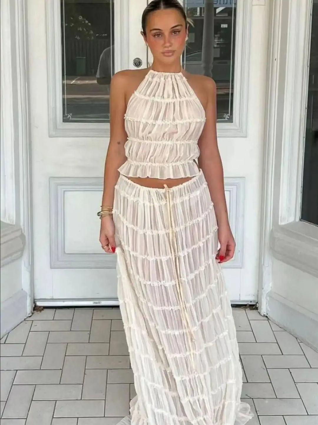 Women's Two Piece Summer Set with Halter Neck Crop Top and Maxi Skirt