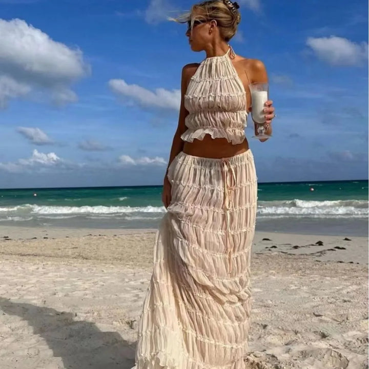 Women's Two Piece Summer Set with Halter Neck Crop Top and Maxi Skirt