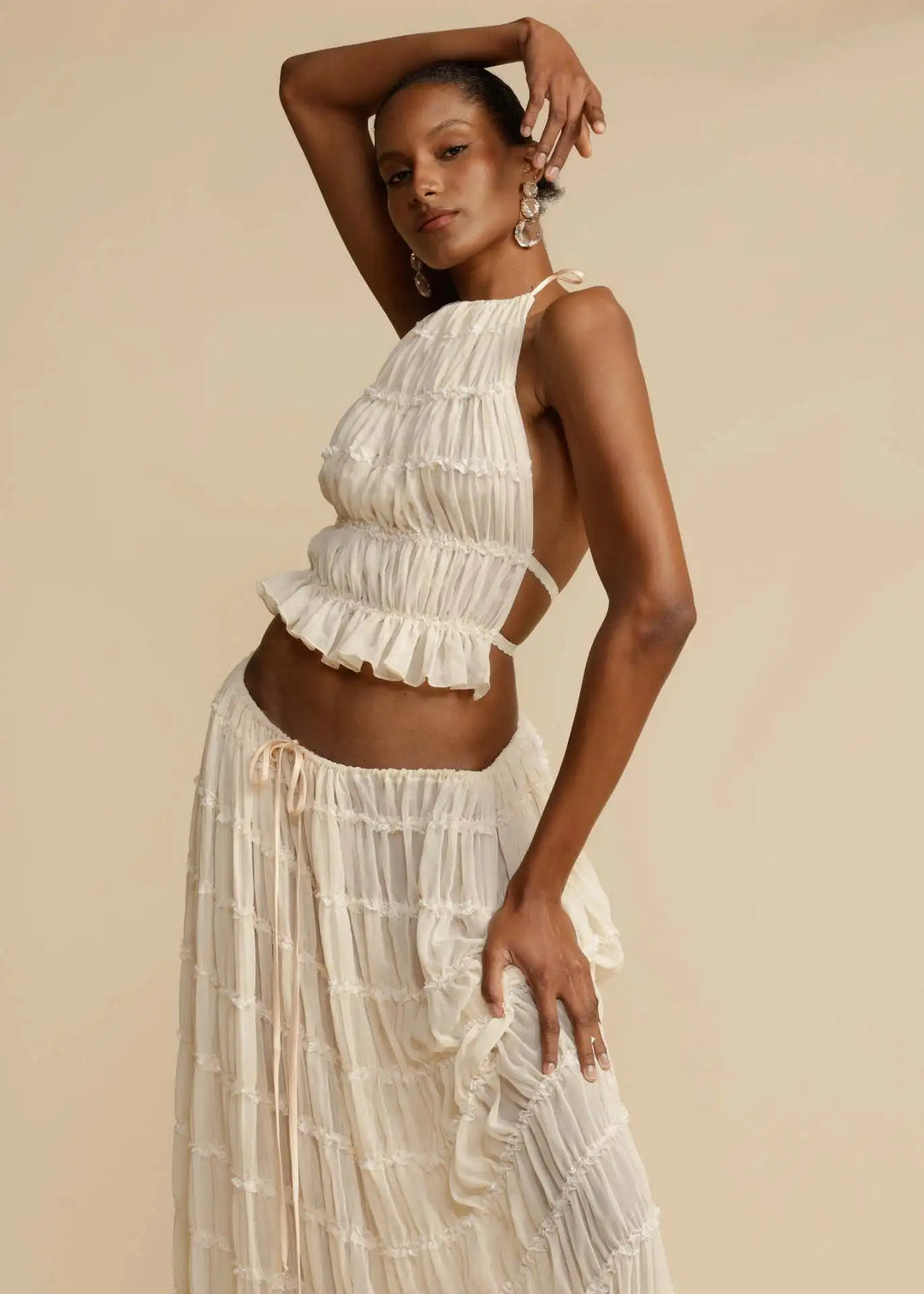 Women's Two Piece Summer Set with Halter Neck Crop Top and Maxi Skirt