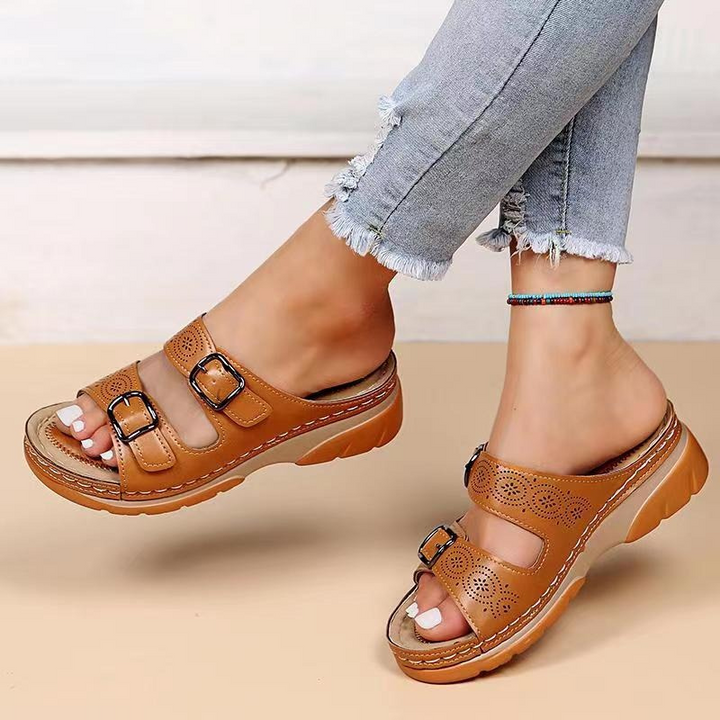 Women's Two-Strap Open Toe Wedges with Patterned Straps and Adjustable Buckles