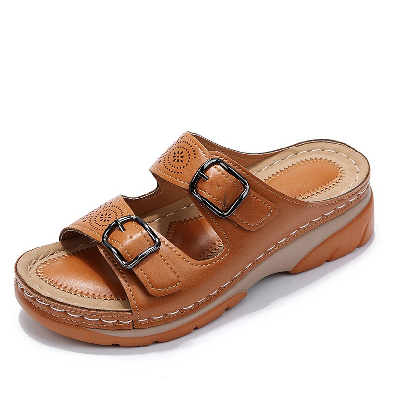 Women's Two-Strap Open Toe Wedges with Patterned Straps and Adjustable Buckles