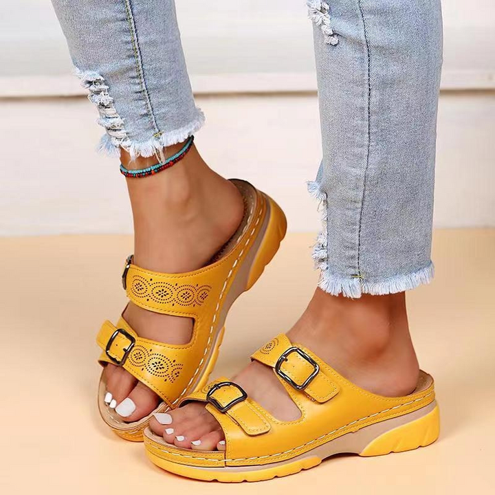 Women's Two-Strap Open Toe Wedges with Patterned Straps and Adjustable Buckles