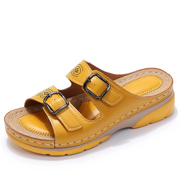 Women's Two-Strap Open Toe Wedges with Patterned Straps and Adjustable Buckles