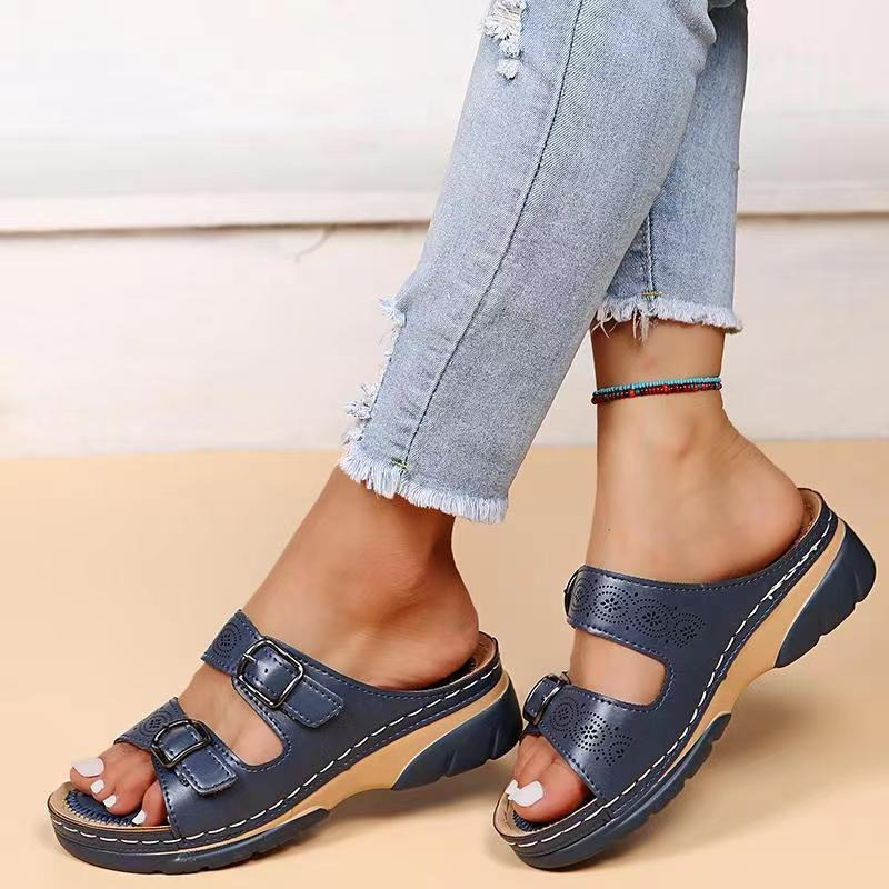 Women's Two-Strap Open Toe Wedges with Patterned Straps and Adjustable Buckles