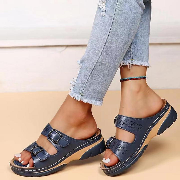 Women's Two-Strap Open Toe Wedges with Patterned Straps and Adjustable Buckles
