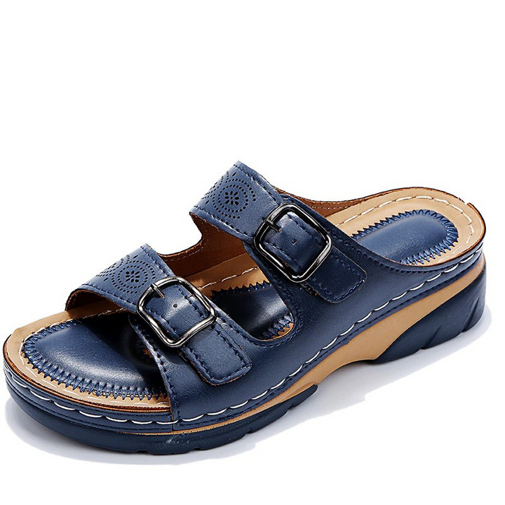 Women's Two-Strap Open Toe Wedges with Patterned Straps and Adjustable Buckles